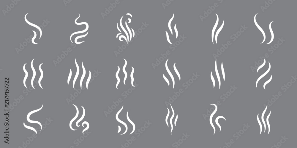 Fototapeta premium Smoke and steam symbols collection with decorative swirls and vapor lines in white silhouette style. Steam icons set isolated on gray background. 