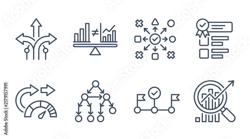 Minimal vector illustration set showcasing various business development strategy icons on a clean white background design