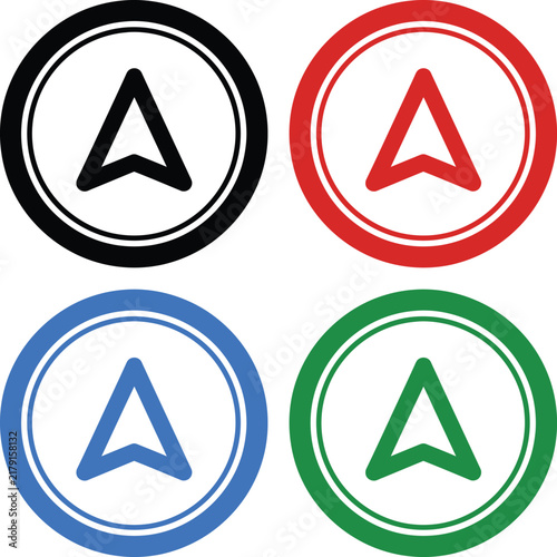 Navigation arrow icons inside circles in black red blue and green for map markers and directional interface design.