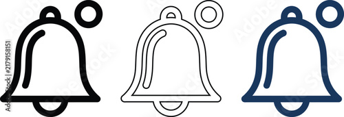 Notification bell icon set with alert circle in black line and blue outline style for digital application interface.