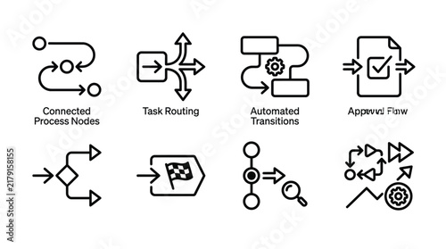 Business workflow process icons set showing connected nodes and automated routing in clean vector graphic style