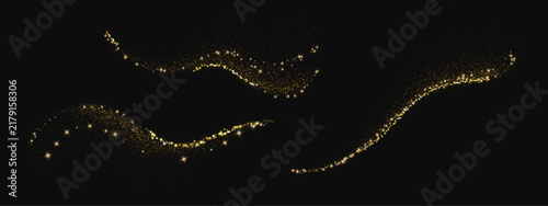 Sparkling gold glitter wave trails set. Shimmering star dust curves with bokeh light particles on black. Shiny luxury swoosh for card, banner, holiday, celebration. Vector design elements.