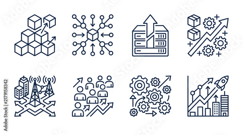 Modern business technology concept vector illustration set featuring line icons for organizational growth and digital development
