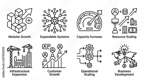 Business development vector icon set featuring line art symbols for corporate growth and infrastructure scaling concepts