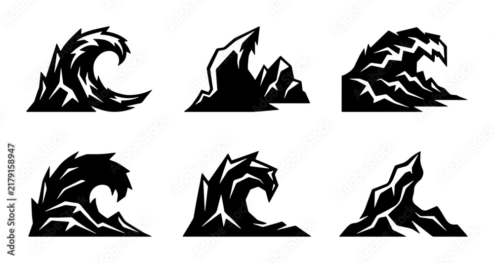 Fototapeta premium Stylized Wave Icons, Ocean Water Elements, Sea Storm Graphics, Aquatic Nature Symbols, Dynamic Water Shapes, Set of 6 Black Vector Illustrations