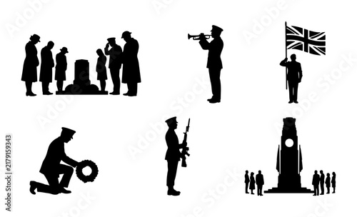 Фотография Remembrance Day Silhouettes: Wreath Laying, Bugler, Flag Bearer, Vigil, Cenotaph