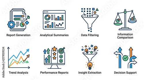 Business data analysis vector icon set showing analytical report generation and performance metrics for corporate strategy