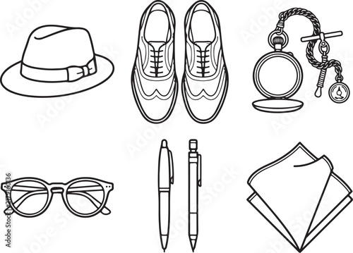 Vintage gentleman accessories vector set, classic mens fashion line art icons, retro style fedora hat and pocket watch illustrations