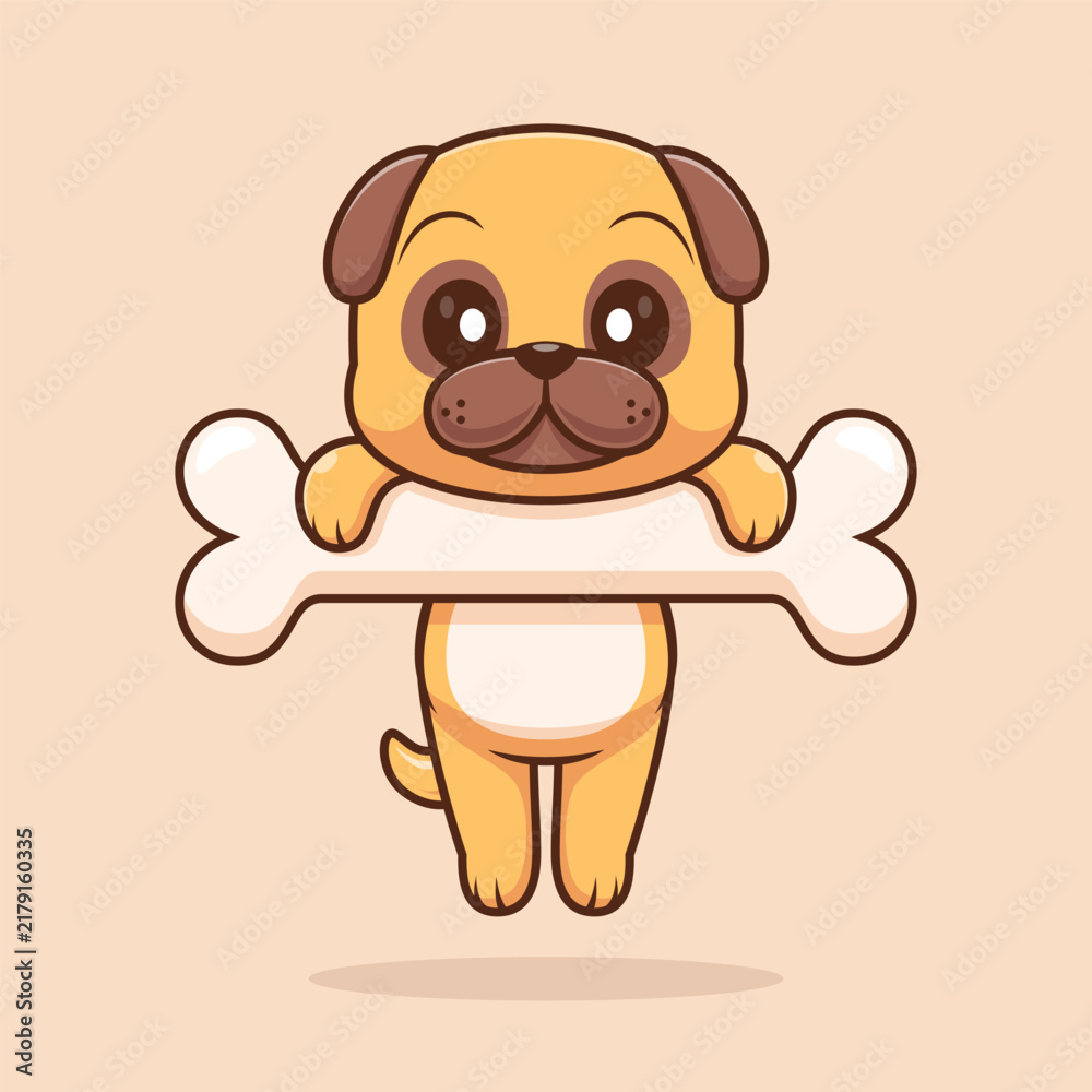 Naklejka premium Cute Pug Dog Hanging On Bone Cartoon