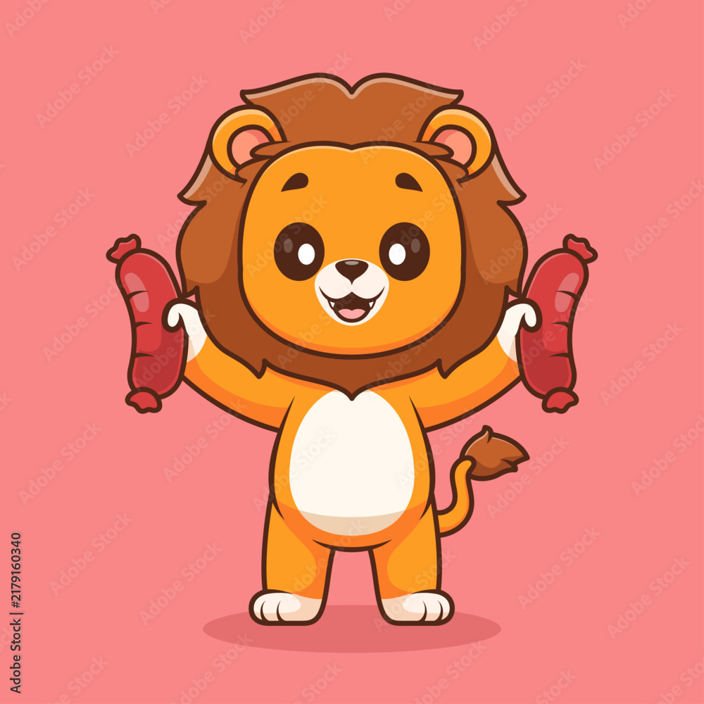 Obraz premium Cute Lion Holding Sausage Cartoon 