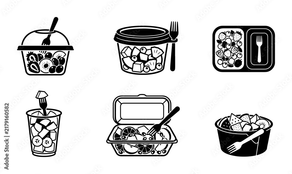 Obraz premium Takeaway Food Containers, Salad Boxes, and Drink Cups with Forks, Black and White Vector Icons for Delivery and Catering Services