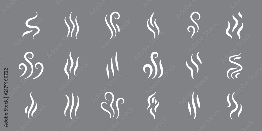 Fototapeta premium Smoke and steam symbols collection with decorative swirls and vapor lines in white silhouette style. Steam icons set isolated on gray background. 
