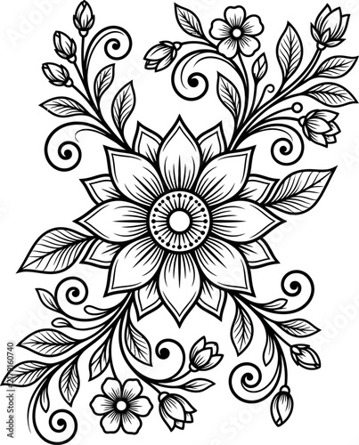 Floral mandala ornament with intricate flowers and swirl leaves in black line art style for mehndi tattoo and coloring page.