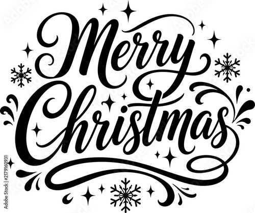 Merry Christmas typography design with elegant black calligraphy swirl decorations and delicate snowflakes for holiday cards.