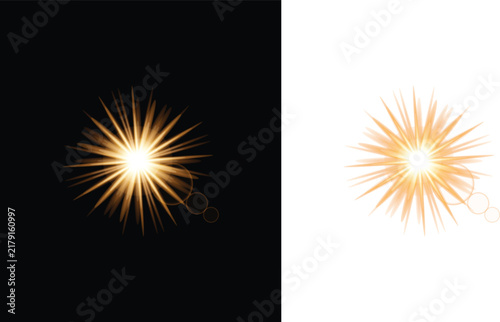 Golden lens flare light effect with starburst rays on black and transparent backgrounds for creative photo editing design.