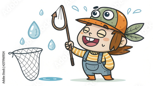 Happy young character holding fishing rod with landing net and water drops vector illustration outdoor activity fishing hobby