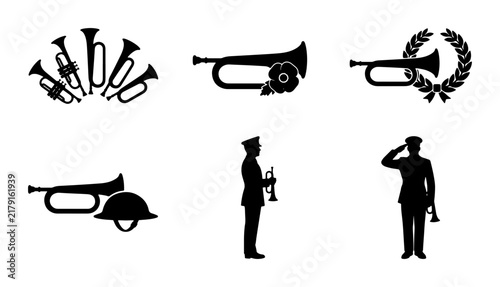 Фотография Bugle and Soldier Icons, Military Trumpet Symbols, Remembrance Day Laurel Wreath