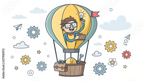 Young man flying in a yellow and blue hot air balloon surrounded by floating gears and lightbulbs representing ideas