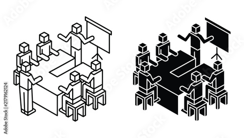 Business meeting and team collaboration isometric icons with business, isometric