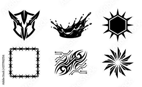 Tribal Tattoo Elements, Tribal Shield Emblem, Geometric Sunburst, Barbed Wire Frame, Ink Splash Crown, Circuit Board Swirls Vector Icons Set