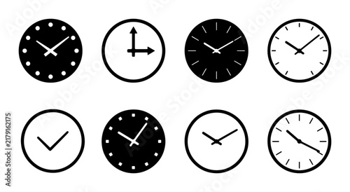 Modern Clock Icons Set, Minimalist Time Symbols Collection, Simple Round Watch Faces Vector Graphics for Web and App Design