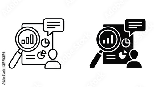 Data analysis and research discussion icons with analysis research magnifying