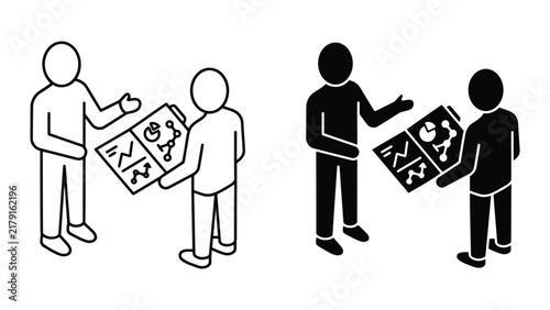 Isometric business people discussing data analysis charts and graphs