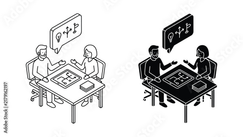Isometric business meeting with brainstorming and strategy concept, business