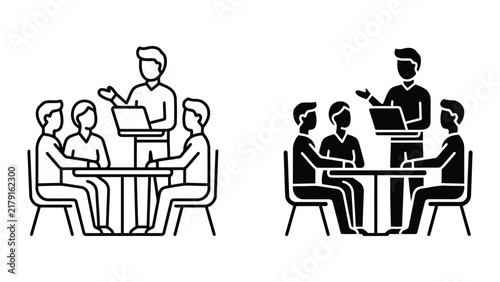Business meeting with team members discussing project strategy, business