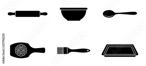 Baking and Cooking Utensils Set: Rolling Pin, Bowl, Spoon, Pastry Brush, Mold, and Baking Tray Icons for Culinary Design