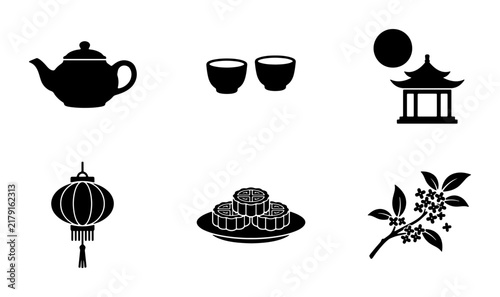 Chinese Tea Set Icons, Moon Festival Symbols, Lantern Illustration, Food Elements, Vector Graphics for Cultural Celebration
