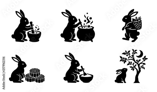 Charming Rabbit Icons Set, Festive Mooncake Festival Symbols, Cute Bunny Illustrations for Holiday Design, Vector Graphics