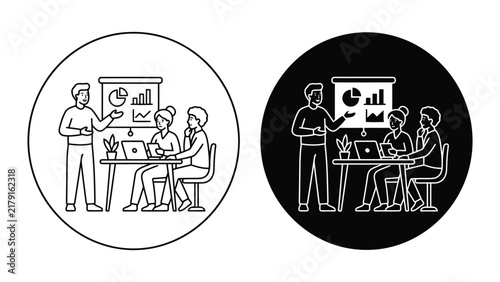 Business team presentation and data analysis meeting icon with presentation