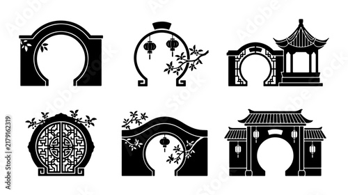 Traditional Chinese Gate Vector Icons, Asian Architectural Elements, Oriental Archway Designs, Decorative Entrance Silhouettes