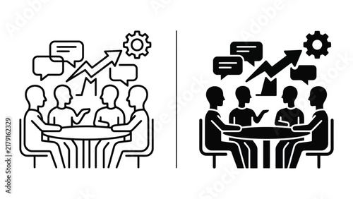 Business team brainstorming meeting with growth charts and speech bubbles icons