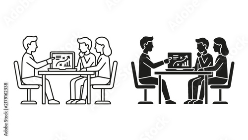 Group of professionals analyzing business growth chart on laptop screen icons