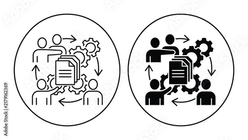 Business team workflow process icons with document management and gear cycles
