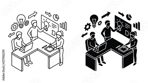 Business team brainstorming and strategy planning isometric icons with teamwork