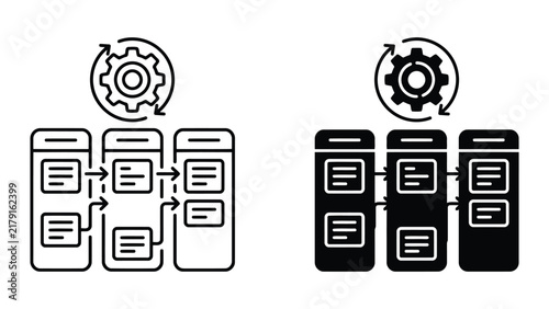 Workflow process automation and data management icons with workflow, automation