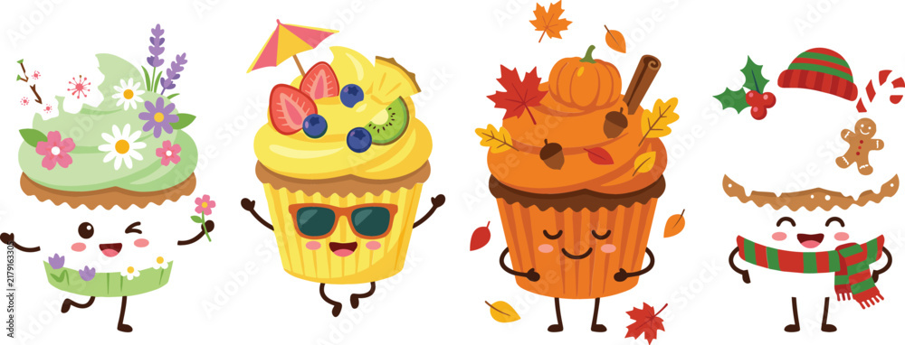 Fototapeta premium Cute Four Seasons Cupcake Kawaii Character Set with Cartoon Sweet Desserts Representing Spring Summer Autumn and Winter Holiday Celebration Graphic Designs
