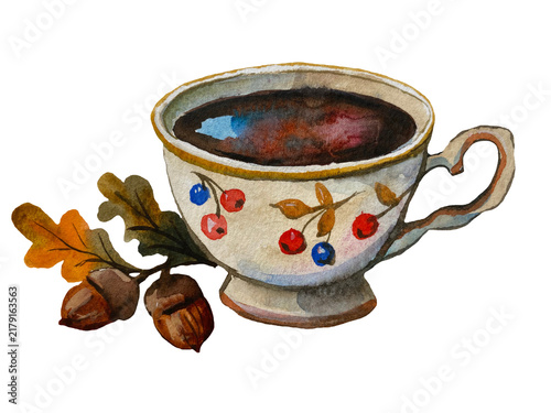 Hand-painted watercolor illustration of a cup of coffee with an oak branch and acorns, isolated on a transparent background