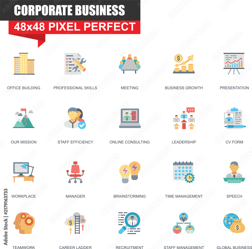 Fototapeta premium Business Icons Set With Flat Design Representing Corporate Concepts And Workplace Elements
