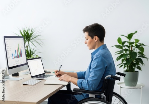 Woman in wheelchair working at desk with laptop and plants