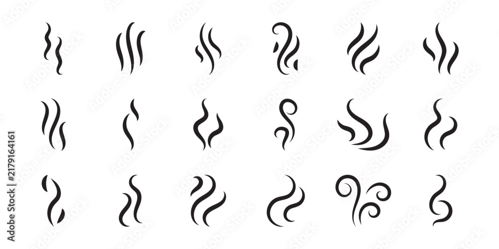 Fototapeta premium A set of black steam or smoke icons isolated on a white background for design projects. Stylized black smoke curls and steam swirls vector icons set. Eps10.
