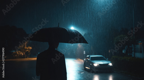 A person stands under an umbrella in heavy rain at night. Streetlights illuminate the wet road and a car is parked nearby.