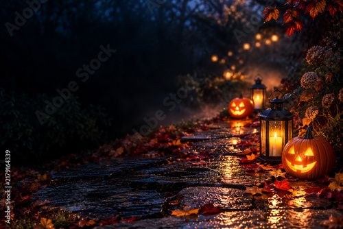 Halloween Pumpkin Trail on Wet Garden Path