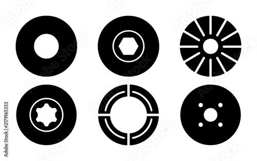 Set of 6 Black Circular Fastener Icons, Mechanical Hardware Symbols, Industrial Components, Engineering Elements, Technical Design Graphics, Bolt and Washer Graphics