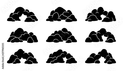 Collection of Nine Black Rock Arch and Cave Vector Illustrations, Natural Stone Formations, Geological Elements for Design