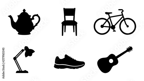Black Silhouette Icons: Teapot, Chair, Bicycle, Desk Lamp, Sneaker, Guitar. Simple Vector Objects for Design.
