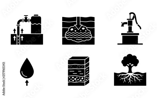 Water Resource Icons: Well Pump, Filtration System, Aquifer, Soil Layers, Water Drop, Tree Roots - Environmental Science & Hydrology Graphics